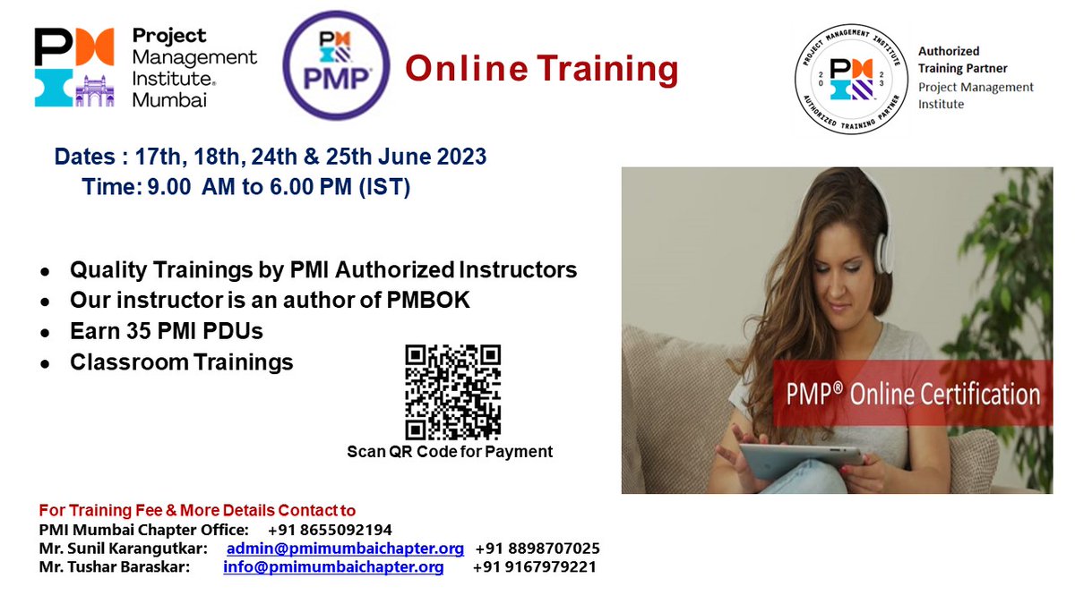 PMIMC's tweet photo. Register Now For Online PMP Training on 17th, 18th, 24th &amp; 25th June 2023.
For Registration &amp; more details click on Below link
https://t.co/WP1aEn2Gmc
#pmimumbaichapter #pmi #projectmanagementtraining #pmimumbai #projectmanagementcertification #atp #authorizedtrainingpartner https://t.co/v93RPhJuu4