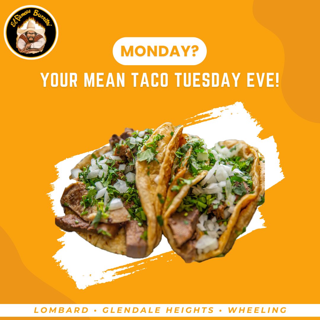No matter if it's Tuesday or Monday if you are a taco lover.
​​​​​​​​
#ElFamousBurrito #mondaymotivation #mexicanfood #chicagofood #chicagofoodlover #chicagofoodmag #chicagofoodbloggers #chicagofoodie #elfamousburrito #lombard #elfamouslombard #asada #comida #chilaquiles