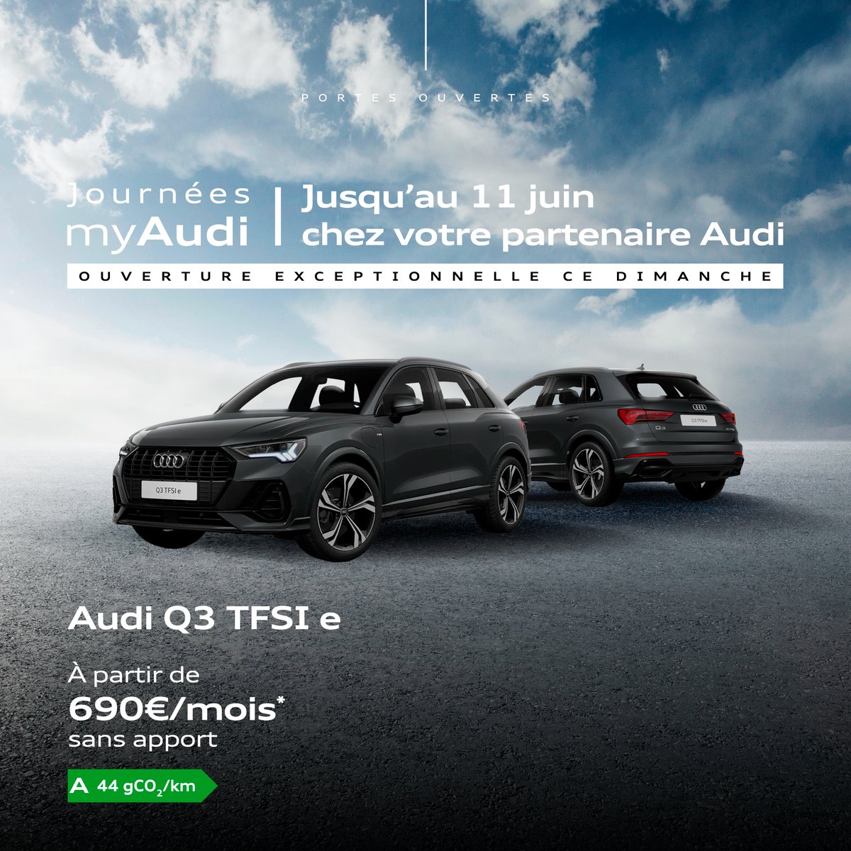 Audi_Montigny's tweet photo. Ce week-end, les Journées myAudi célèbrent la gamme emblématique Audi TFSI e hybride rechargeable. ✨

✅ Audi Q3 TFSI e - à partir de 690€/mois* sans apport 

🤝 Notre équipe vous attend, prenez rendez-vous. 

*voir conditions en concession https://t.co/P86xJXzCJQ