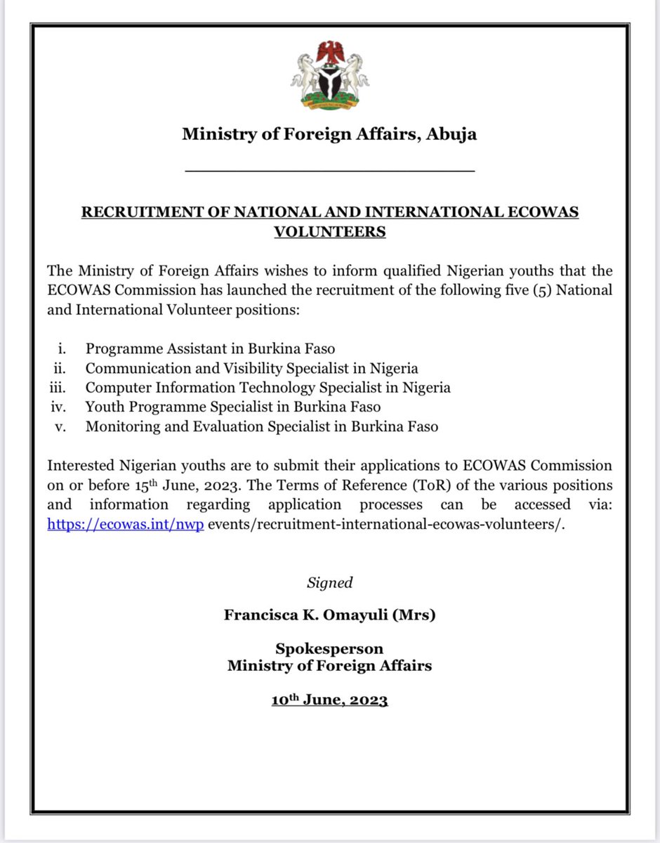 RECRUITMENT OF NATIONAL AND INTERNATIONAL ECOWAS VOLUNTEERS lnkd.in/eu96Zdab