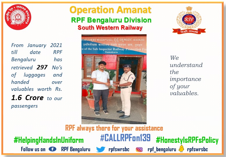 RPF BENGALURU DIV (@rpfswrsbc) on Twitter photo #OperationAmanat #RPFBengaluru secured one leftover I Phone mobile valued Rs. 60,000/- at Tumukur Railway Station and handed over to its rightful owner. We understand the importance of your valuables.
<a href="/RPF_INDIA/">RPF INDIA</a>
<a href="/drmsbc/">DRM Bengaluru</a>
<a href="/SWRRLY/">South Western Railway</a> #OperationAmanat #RPFBengaluru secured one leftover I Phone mobile valued Rs. 60,000/- at Tumukur Railway Station and handed over to its rightful owner. We understand the importance of your valuables.
<a href="/RPF_INDIA/">RPF INDIA</a>
<a href="/drmsbc/">DRM Bengaluru</a>
<a href="/SWRRLY/">South Western Railway</a>