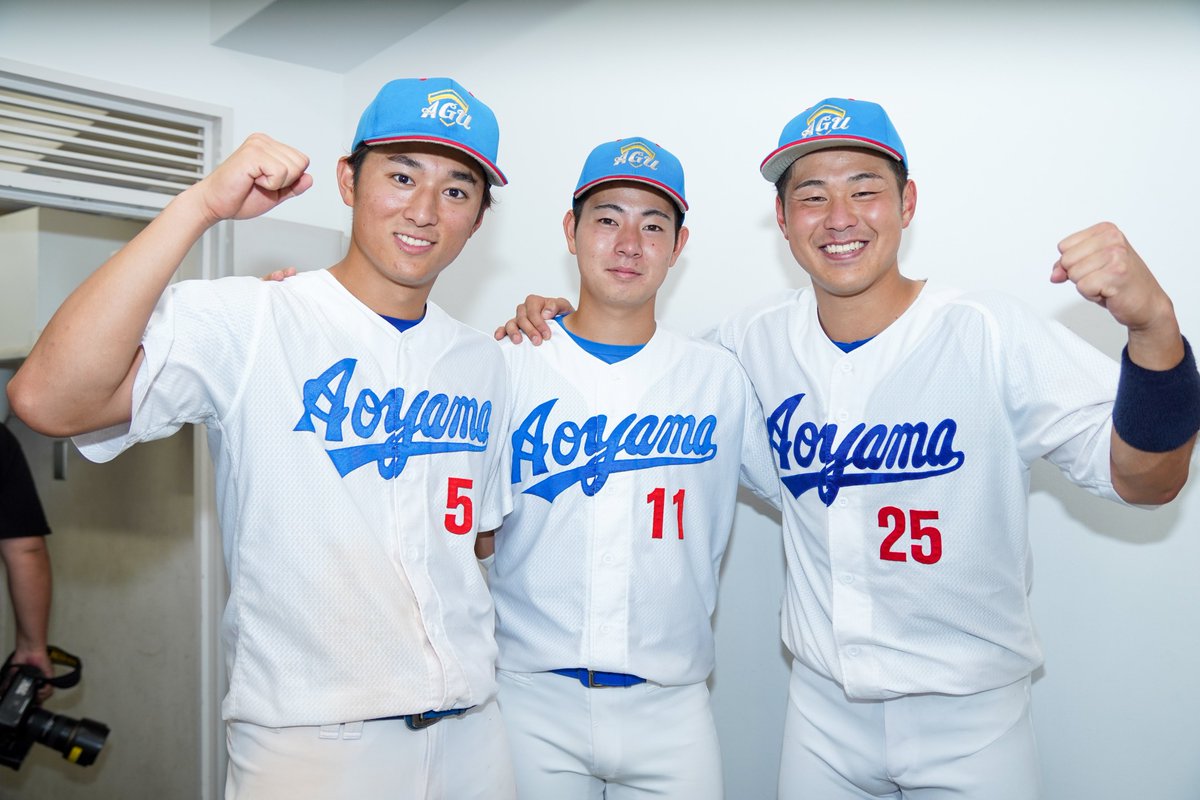 【全日本大学野球選手権大会】
 準決勝 vs富士大

本日のヒーロー🔥

先制ホームラン #佐々木泰（県岐阜商）
先発して好投 #下村海翔（九国大付）
貴重な決勝打 #中野波来（大阪桐蔭）

#青学 #agubbc #全日本大学野球選手権