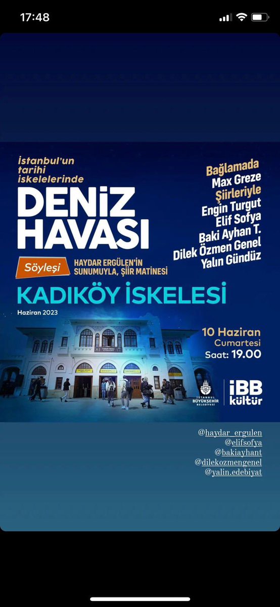 Bugün saat 19:00 ‘da <a href="/kadikoybelediye/">Kadıköy Belediyesi</a> si Kadıköy  iskelesi <a href="/istkitapcisi/">İstanbul Kitapçısı</a> nda bir <a href="/ibb_kultur/">İBB Kültür</a> etkinliği olan Şiir Matinesi’nde, hocam  <a href="/Haydar_Ergulen/">Haydar Ergülen</a> sunumu ve pek çok değerli şair  <a href="/enginturgut01/">Engin Turgut</a> <a href="/budalamodern/">BakiAyhanBaudelaireen</a> <a href="/elifsofya/">elif sofya</a> #yalımgündüz  ile birlikte şiirler okuyacağız. #meyyal