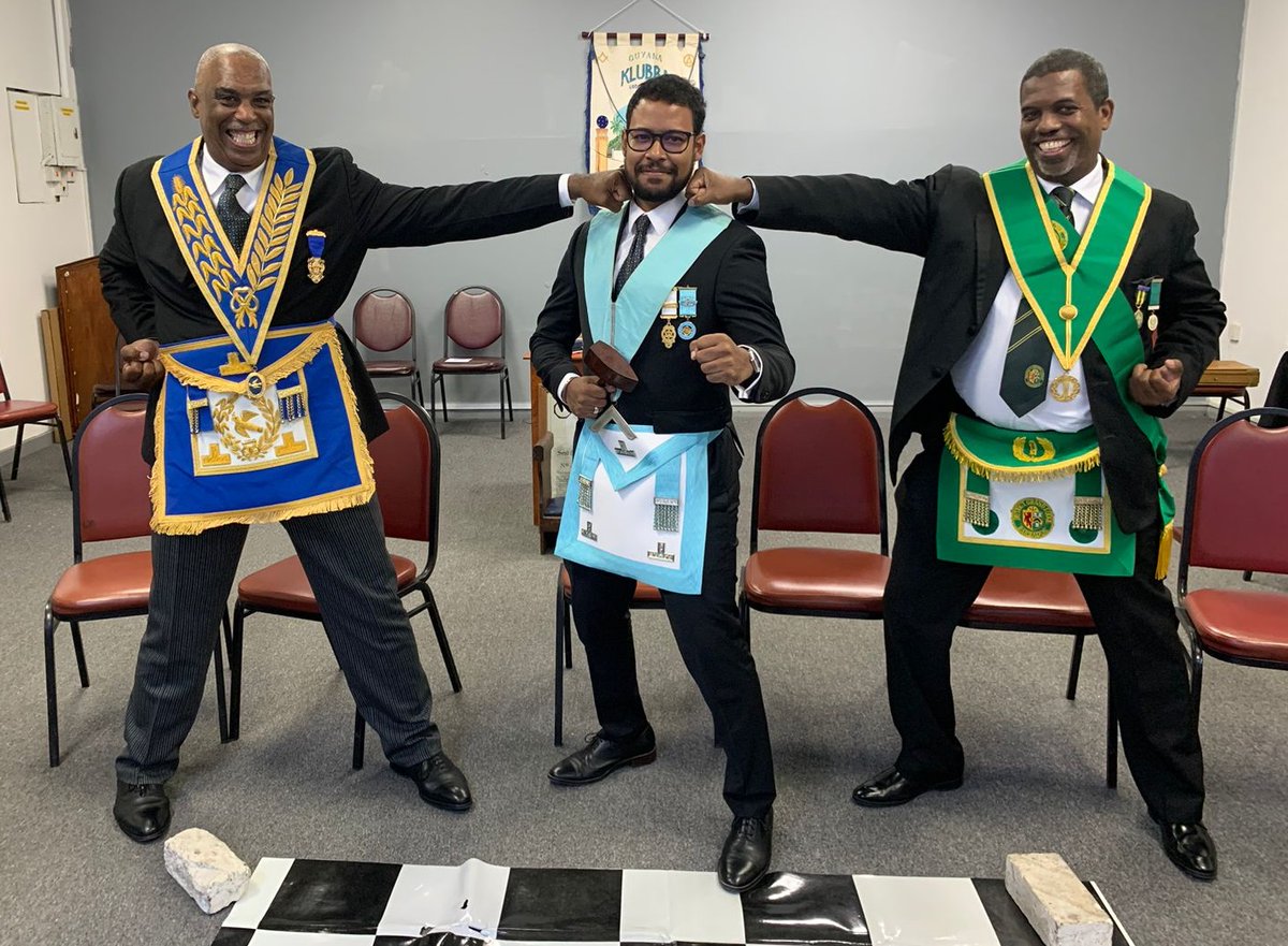 SKL9752's tweet photo. Shotokan Karate Lodge’s IPM Bro David Clarke 6thDan (left) and Bro Gerard King 7th Dan (right), at the Installation of Bro Roger Peroune 5th Dan (centre) as WM of Klubba Lodge in Georgetown Guyana. Oss! #karate #Freemasons https://t.co/hKDr6gEDhu