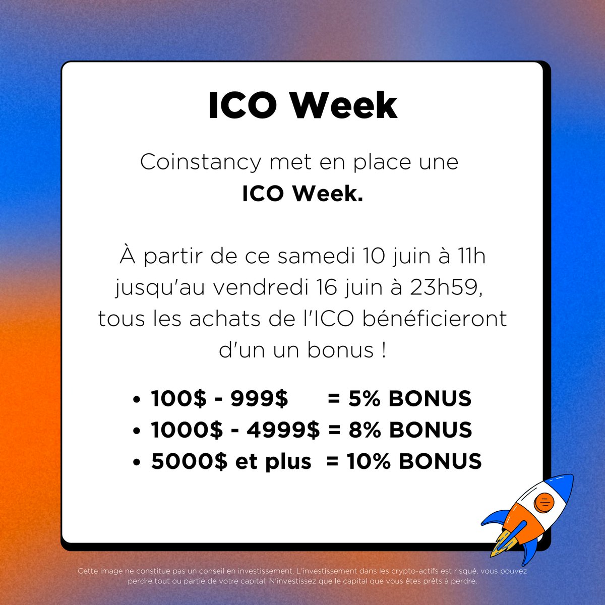 coinstancy's tweet photo. C'est l'#ICOweek chez Coinstancy ! À partir d'aujourd'hui jusqu'à vendredi prochain, tu peux bénéficier d'un bonus lors du pré-achat de tes tokens $COTO. Rends-toi sur ton espace client pour pré-acheter tes tokens https://t.co/jW1thRrNPB https://t.co/0KiBEStNcV