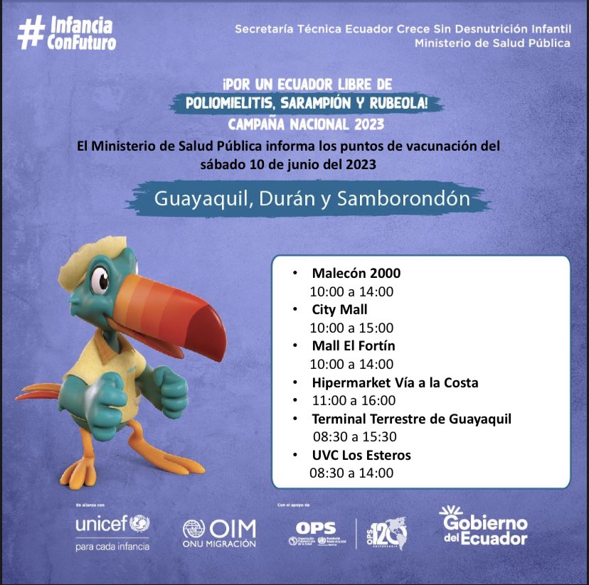 Salud_Guayas's tweet photo. Conoce los puntos masivos de la Campaña Nacional #Vacunación2023 de @Salud_Ec del 10 al 11 de junio, donde puedes llevar a tu niño 👦🏻 o niña 👧🏻 para inmunizarlos 💉y protegerlos contra el sarampión, poliomielitis y rubeola. 

#InfanciaConFuturo https://t.co/a6JU8kun11