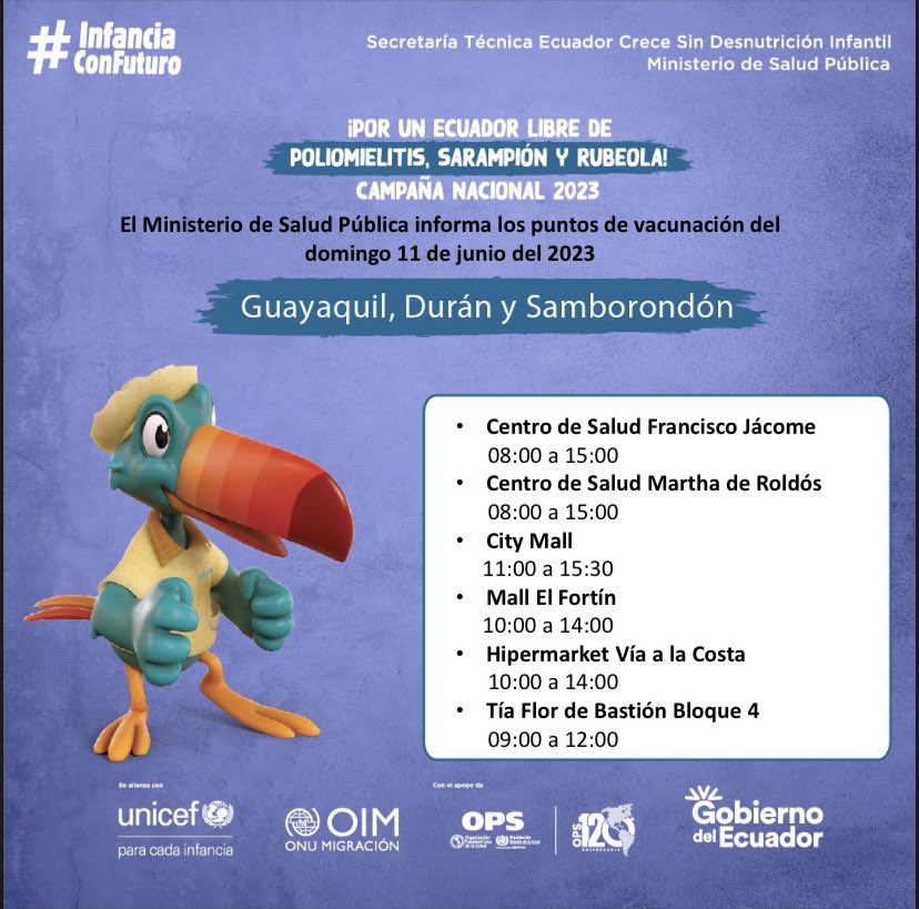 Salud_Guayas's tweet photo. Conoce los puntos masivos de la Campaña Nacional #Vacunación2023 de @Salud_Ec del 10 al 11 de junio, donde puedes llevar a tu niño 👦🏻 o niña 👧🏻 para inmunizarlos 💉y protegerlos contra el sarampión, poliomielitis y rubeola. 

#InfanciaConFuturo https://t.co/a6JU8kun11