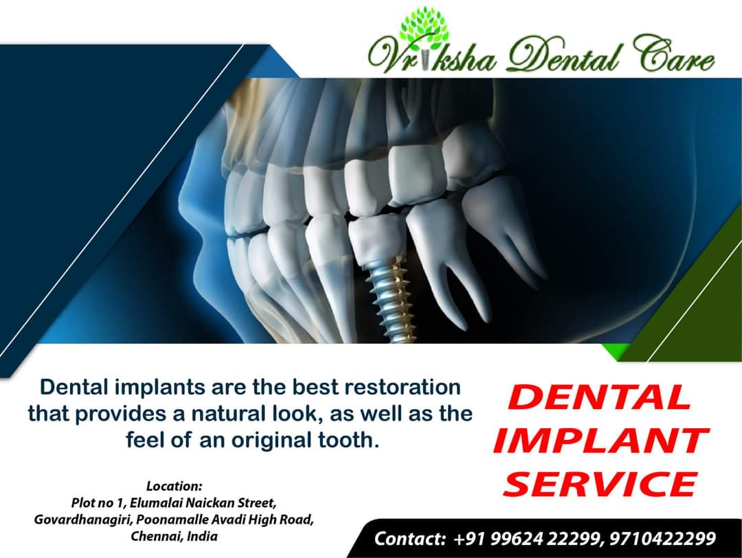 Vriksha Dental Care

Dental Implant Service

Contact Us
Mobile:+91 99624 22299, 9710422299
Website : vrikshadentalcare.com
#DentalImplants #Kidsdental #Vrikshadental #oralsurgery #Dentist #Smiles #Teeth #dentistry #chennai #avadi #poonamalle #Cavities #Gumtreatment