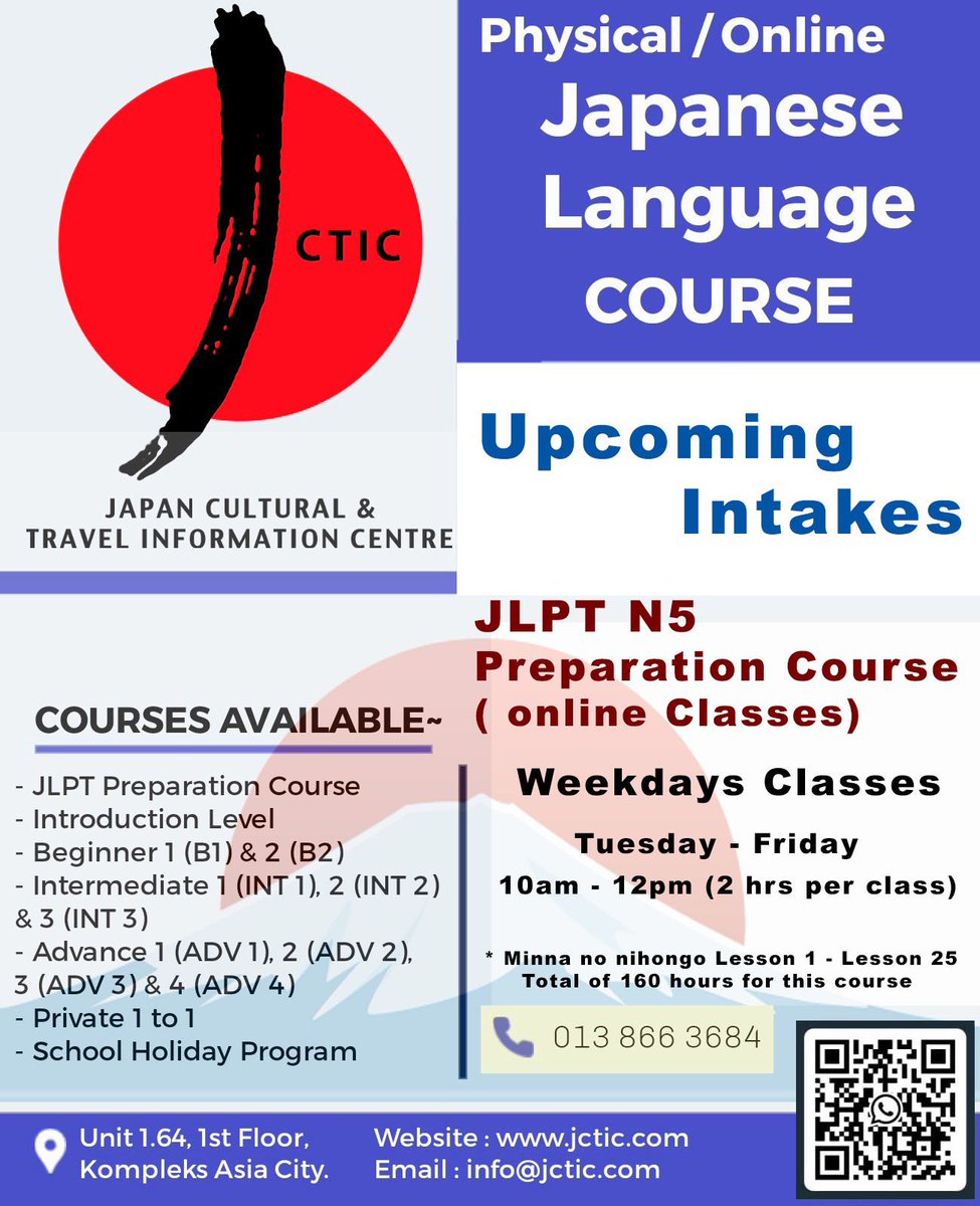 JCTIC_'s tweet photo. JCTIC is opening a new intake! 
This is a preparatory course for the Japanese-Language Proficiency Test (JLPT) N5 level.
Anyone who is interested in taking the JLPT examination, do contact us!

#jlptn5 #japaneseclass #日本語能力試験 #日本語 https://t.co/g2g6FDrPxY