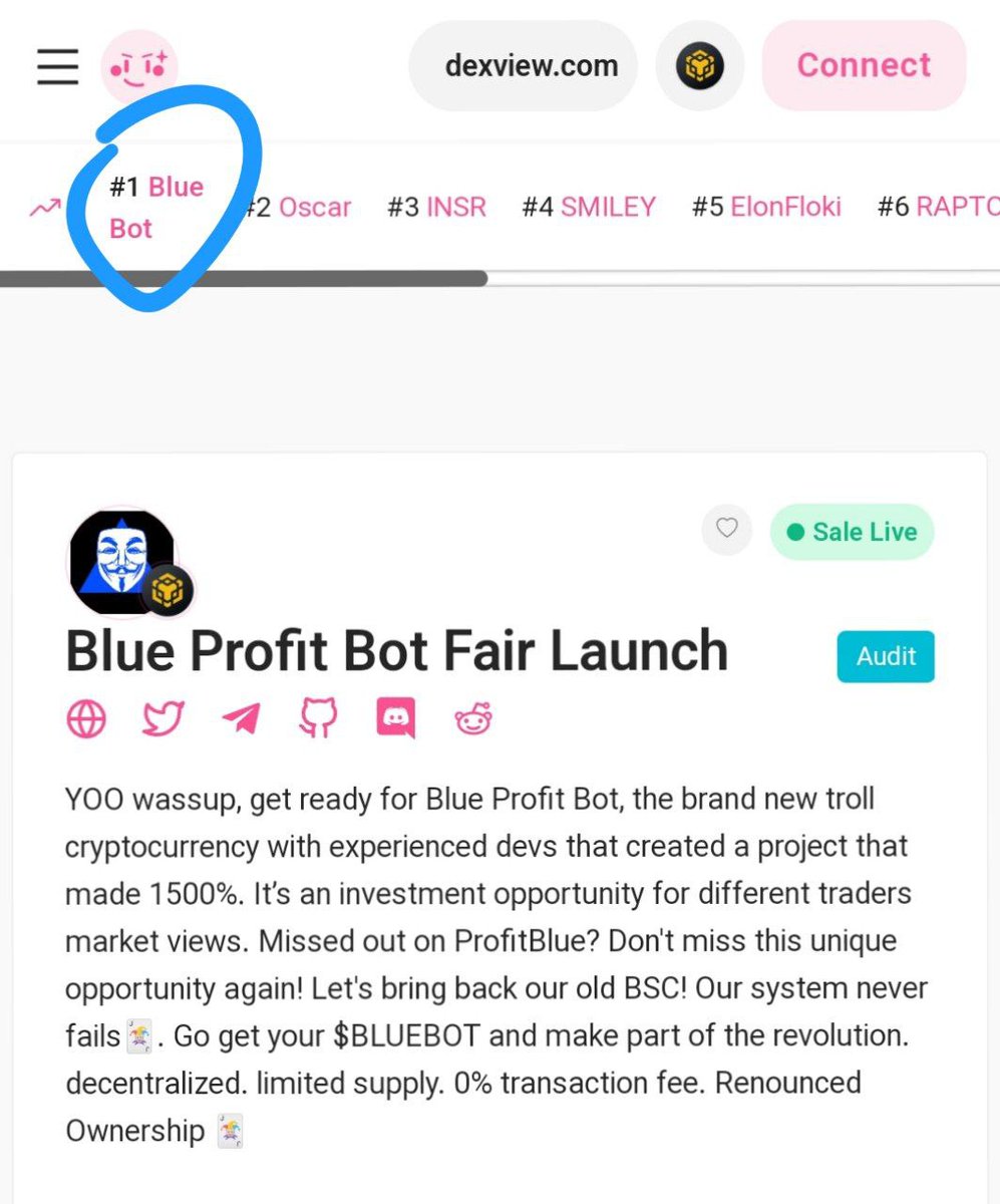 BlueProfitBot's tweet photo. #BlueBot We're #1 on Pinksale Trending!! We will make Pinksale become Blue!!! Let's go up together! My system has never failed me. #BlueProfit π¦ #TrollSeason #binance #100xGems
https://t.co/a0NyG7ZyL2 https://t.co/Ueo0V1mkcS