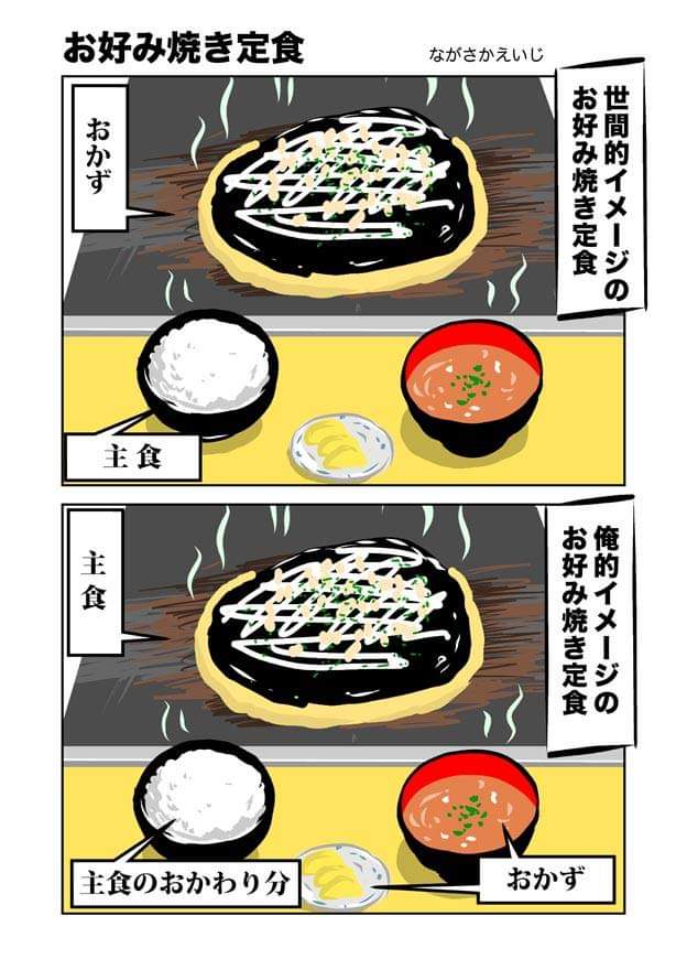 大阪人はお好み焼きをおかずにご飯を食べるというイメージがあるようですが、私はこんな感じに考えてたりします。 お好み焼きは主食です。 お好み焼きにご飯をつける理由は「お好み焼きだけでは足りないから」です。 ……知らんけど。  #お好み焼き定食