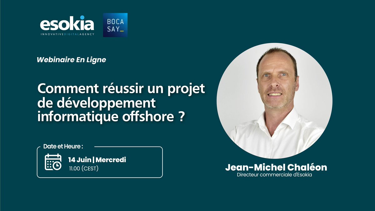 📢 Comment réussir un projet de développement informatique offshore ?

👨‍💼 Jean-Michel Chaléon, expert en stratégie commerciale  sera notre intervenant. 

Inscrivez-vous gratuitement : bit.ly/42ifyCk

#gestiondeprojets #informatique #webinaire #Esokia #Maltem