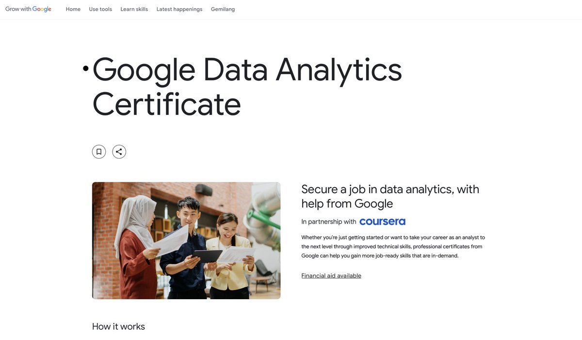 4. Google Data Analytics

Master data analysis, visualization, and presentation as a junior data analyst. Learn spreadsheets, R programming, and Tableau