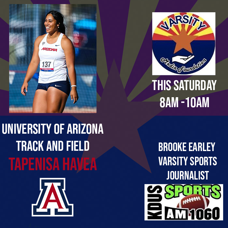 b_sodell's tweet photo. Be sure to tune into the @VarsityShow this Saturday from 8AM-10AM to hear @BrookeEarley2's interview with @ArizonaTrack's own Tapenisa Havea!

Listen live @KDUSAM1060 or at https://t.co/vgmpMIlcYd https://t.co/9T0Bt9jg6I