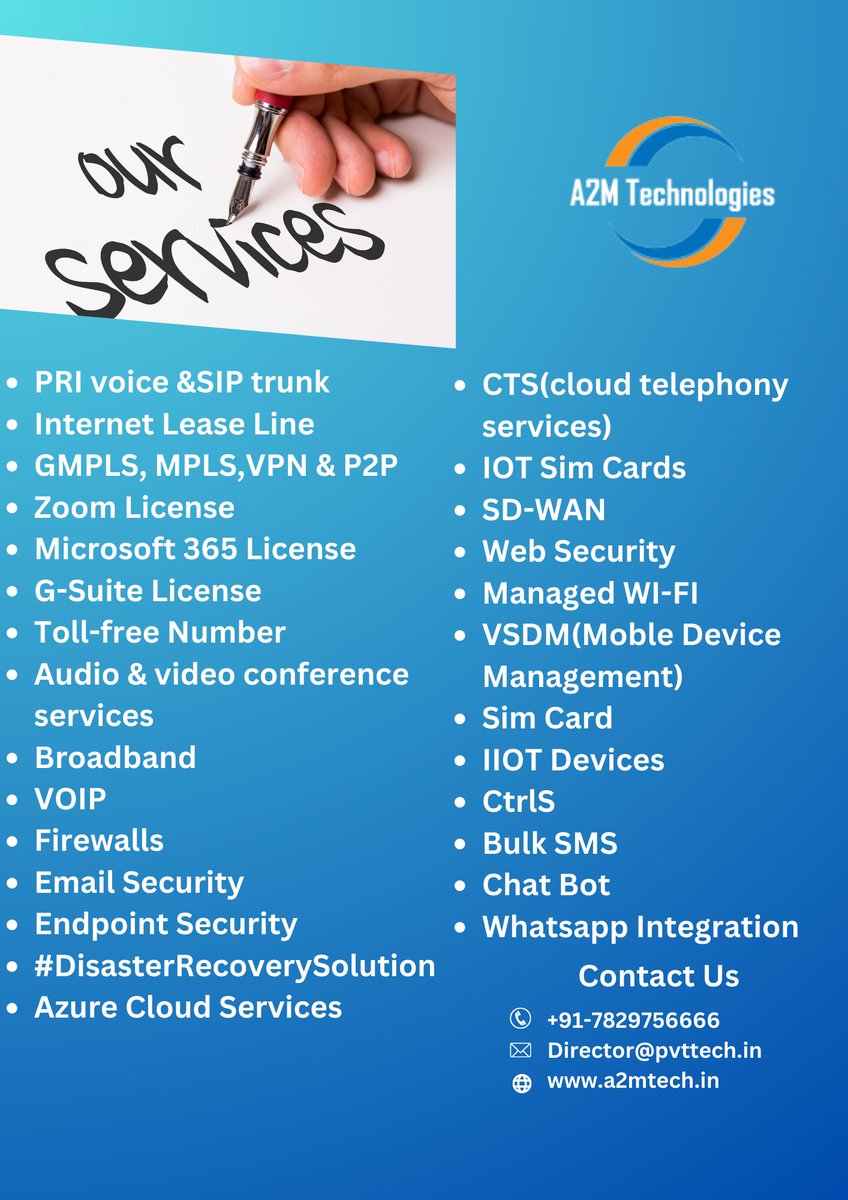 TechnologiesA2m's tweet photo. A2M Technologies is Empowered with the Best Clients with the Best Services Listed Below
#A2M #A2MTECHNOLOGIES
#zoom #microsoft #g-suite #SD-WAN
#VOIP #DRaaS #IIOT #IoT
#VSDM #CtrlS #Cloudservices #Firewallprotection #WebSecurity
visit our website:https://t.co/SuI5AwWQ7c https://t.co/o1MiyLr5yX