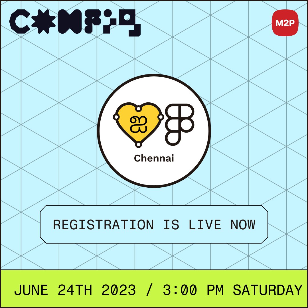 Hello, #FigmaCommunity! 

Hope you're all doing great! We have some exciting updates about the upcoming Config 2023 Chennai Chapter event. 

The registration link is live in our Telegram group (lnkd.in/g2cwZSjf) and register early to secure your spot for this FREE event!🎟️