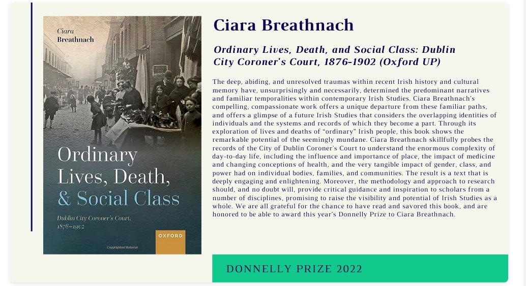 Delighted to have won the @ACIrishStudies Donnelly Prize 2022 for Ordinary Lives, Death and Social Class @OUPHistory. Very grateful to the judges for their thoughtful commentary. #LoveIrishResearch #histmed #irishstudies