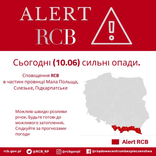 ‼СПОВІЩЕННЯ RCB‼
«Увага! Сьогодні (10.06) сильний дощ. Можливі швидкі розливи річок. Будьте готові до можливого затоплення. Слідкуйте за прогнозами погоди». Сповіщення RCB було запущено для одержувачів у повітах у частині воєводства Малопольща, Сілезія, Підкарпаття.