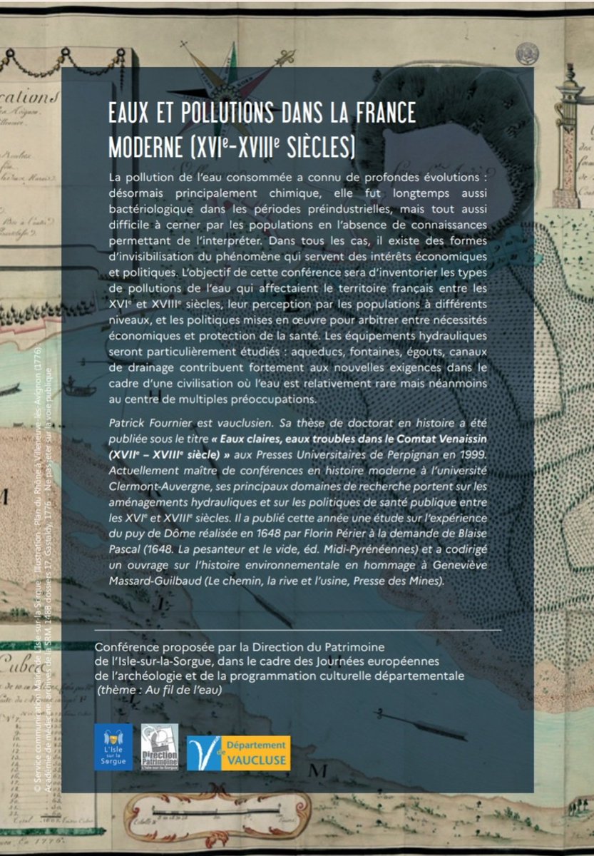 À l'occasion des Journées de l'archéologie, la direction du Patrimoine de L'Isle-sur-la-Sorgue m'a proposé de donner une conférence sur l'histoire des pollutions de l'eau à l'époque moderne.
C'est le 17 juin au Grenier numérique.
#JEArcheo #envhist