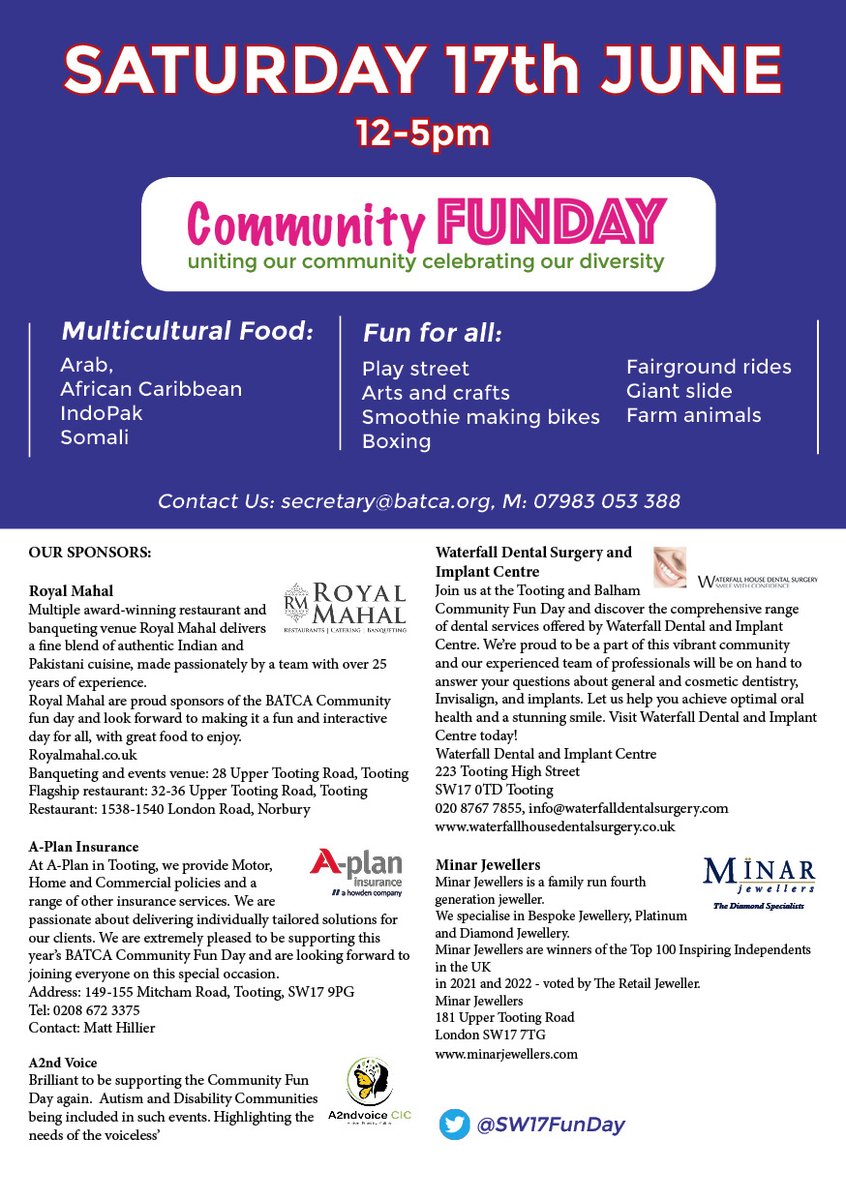 One week to go! Join @weareBATCA @StAugustineSW17 and @AlRisalahET at legendary Funday! So much to do- meet local environmental groups including @ShareCommunity  @FFishponds @tttooting @HealthyTooting @XRLondon and enjoy playstreet, animals, crafts, food, sport, smoothie bike