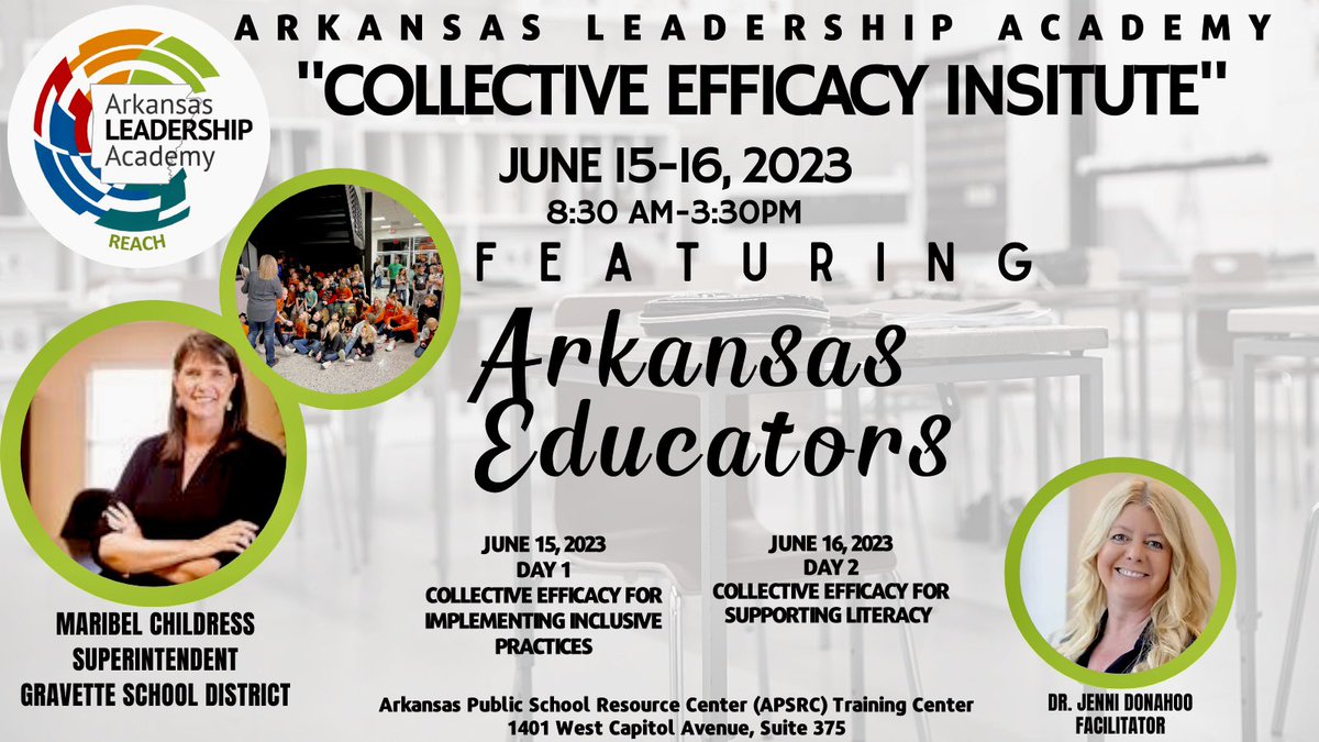 ALA Reach is looking forward to our "Collective Efficacy Institute" on June 15-16 in Little Rock! Here is a sneak peek of some of our Arkansas educators who will be presenting alongside Dr. Jenni Donohoo! For upcoming events..click on the link 
bit.ly/ALAeventbrite