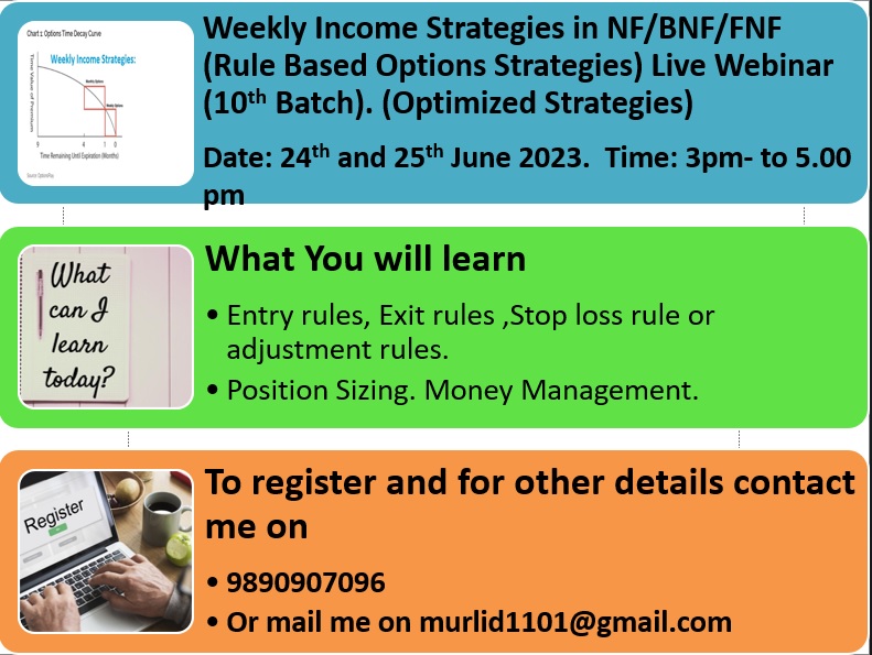 murliota's tweet image. have planned webinar on My daily bread &amp;amp; butter Strategy on 18th June &amp;amp; Weekly IS  on 24th &amp;amp; 25th June 23. All the details are in this link 
docs.google.com/document/d/1Cw…   
ROI for 22-23: 60% I will show the P&amp;amp;L of last 2 years to all students 
Retweet this tweet and get 10% discount