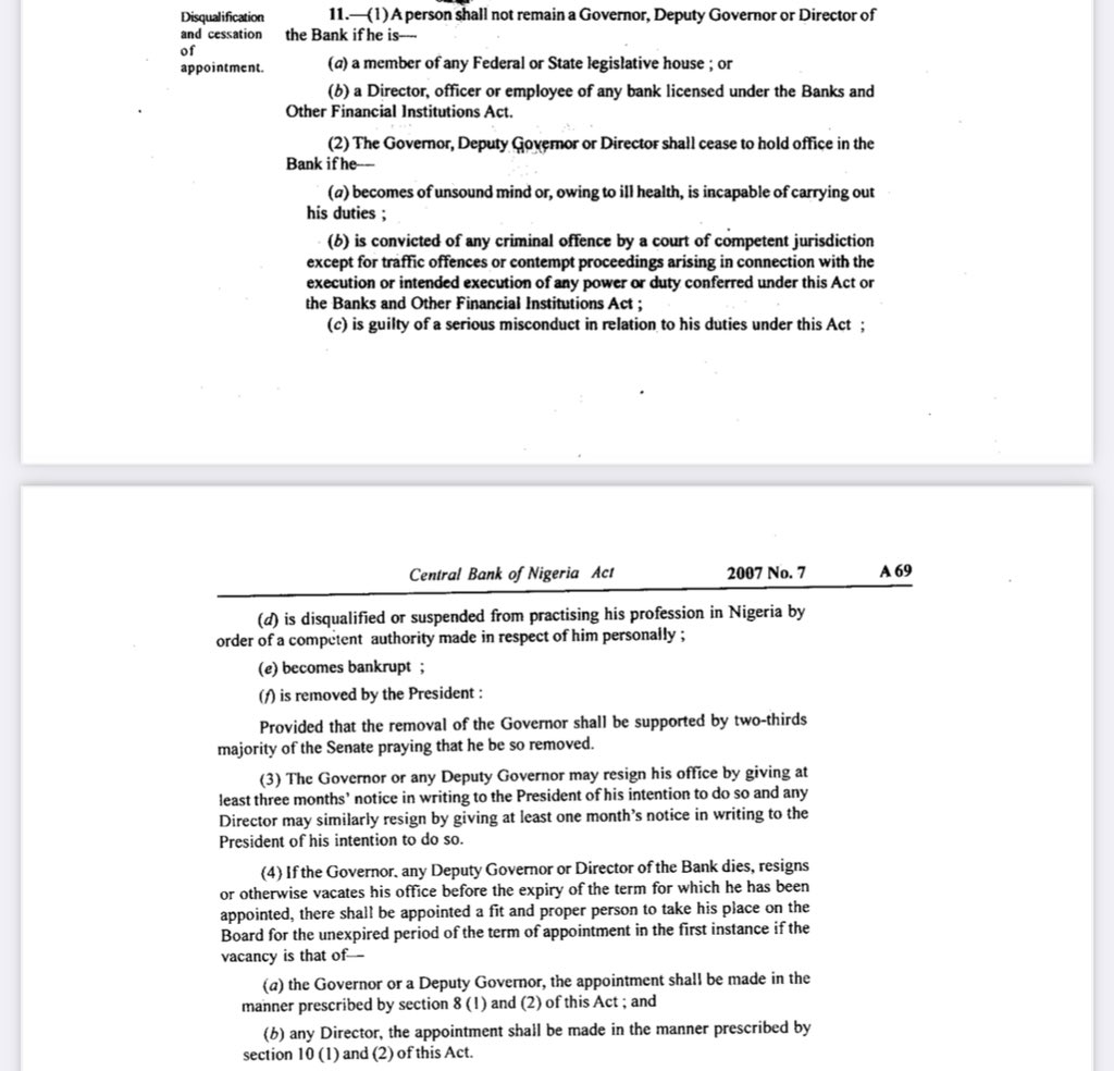 adebabs160290's tweet photo. @seunokin Can the President sack a CBN Governor?

Sec. 11(2)(f) of the CBN Act 2007 stipulates that only with a two-third majority vote of the senate can a President sack a CBN Governor.
However, H. E. Goodluck once suspended &amp; removed Sanusi Lamido for Godwin Emiefele even if incorrectly https://t.co/3GN4akVqGE