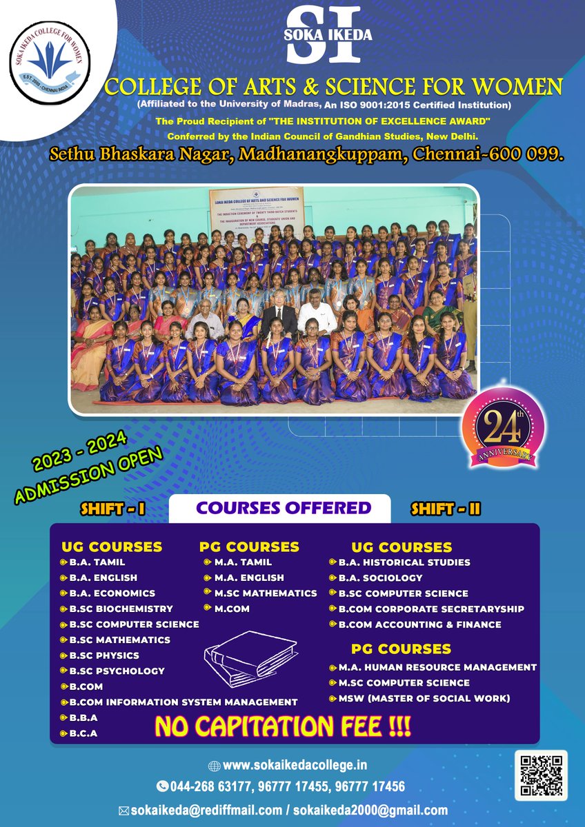 Soka Ikeda College of Arts and Science for Women

ADMISSION OPEN 2023-2024

#bachelordegree #masterdegree #sokaIkeda #artandscience #SOKA #chennai #admissionsopen2023 #coursesoffer #admissionopen #admission2023_2024  #Madhanangkuppam #nocapitationfee #experiancestaff