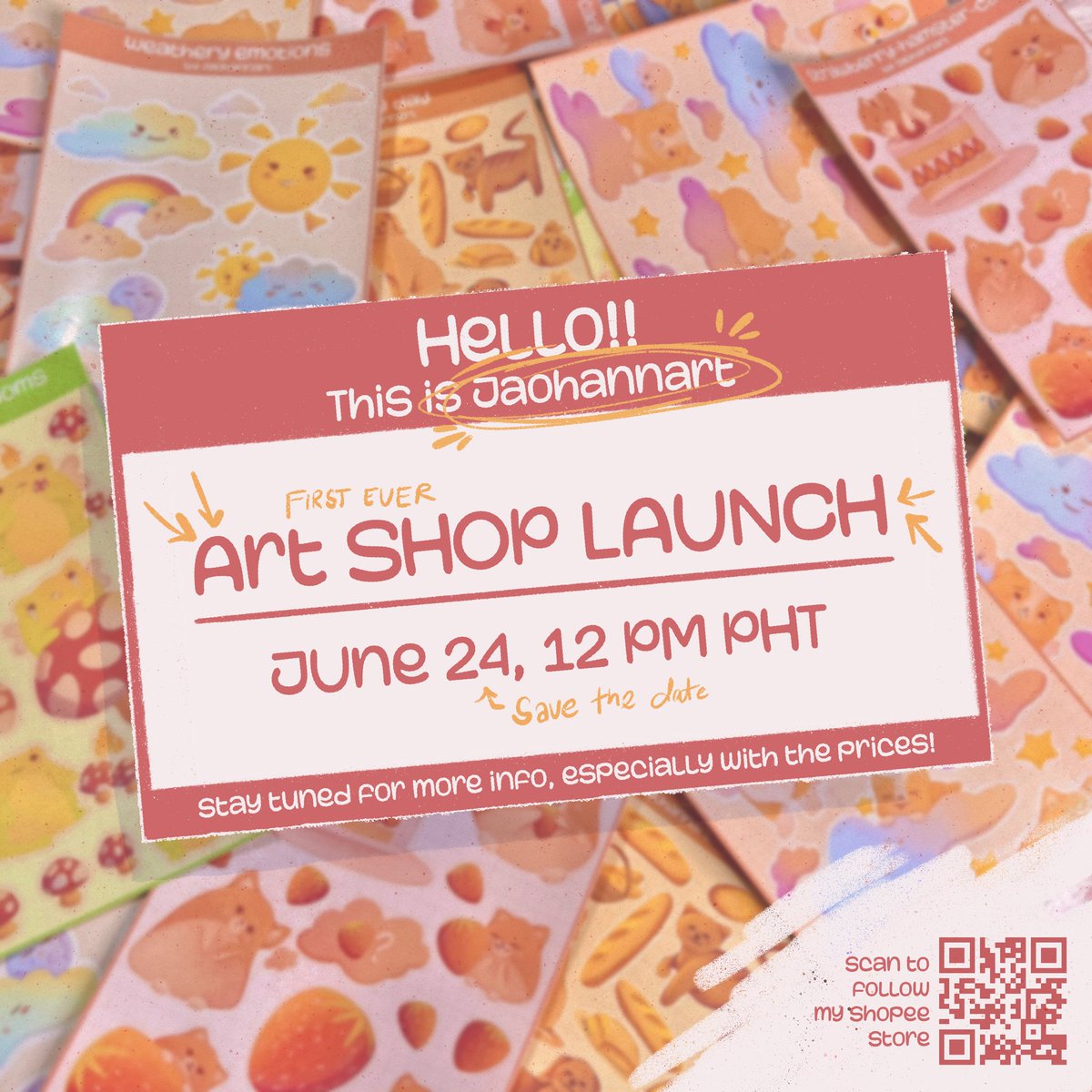 Hannaeries's tweet photo. Jaohannart's Art Shop 🌷🎀🌸✨💞

— I am very excited to announce that my shop will be launching on June 24, 12 PM PHT!! To everyone waiting, be sure to save the date in your calendars and follow me for updates! 

Prices and designs will be fully revealed in the next few days! https://t.co/F4ms9Pd6PZ