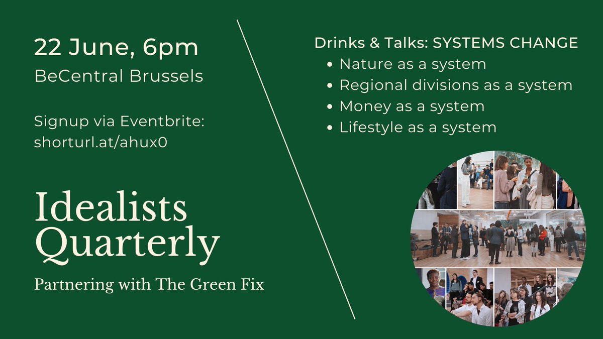 tamaramakoni's tweet photo. 4 reasons to attend #IdealistsQuarterly, 22 June at @BeCentralBxl, 6pm:

🙋🏾‍♀️ Connect w passionate ppl&amp;discuss topics that matter
🤖 Learn about tech, policy&amp;sustainability
🪴Find ways to create positive change
🤔 Scrutinise the systems that rule our world

https://t.co/Ou3aA17ocz https://t.co/afJiM895TF