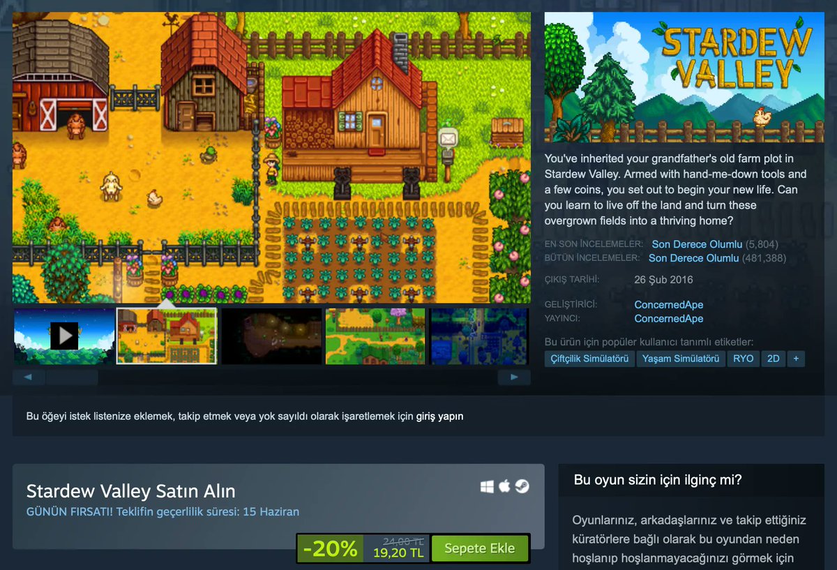 26 Şubat 2016'da piyasaya sürülen Stardew Valley, 24 TL'lik fiyat etiketiyle birlikte ülkemizde yaklaşık olarak 8 dolara satılıyordu 💸

Hâlâ 24 TL'lik fiyat etiketini koruyan oyun, şu anda sadece 1 dolar değerinde.