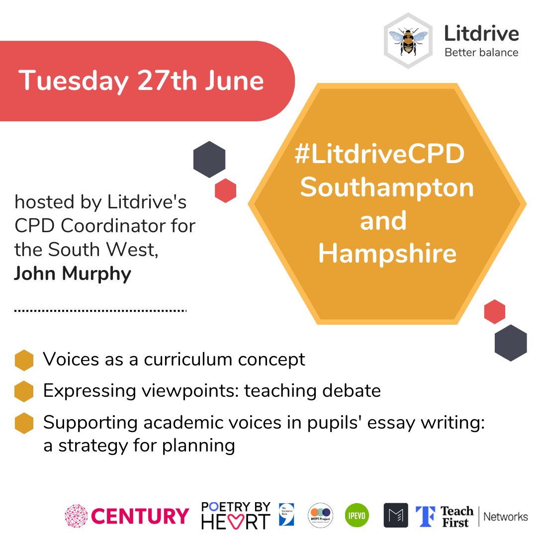 @Team_English1 First Event: 

🗓 Tuesday 27th June 2023
⏰ 16:45 - 18:45
📍Southampton 

Our LitdriveCPD event in Southampton will explore the concept of voices through a range of short sessions to build your subject knowledge

Tickets: buff.ly/3MQketD