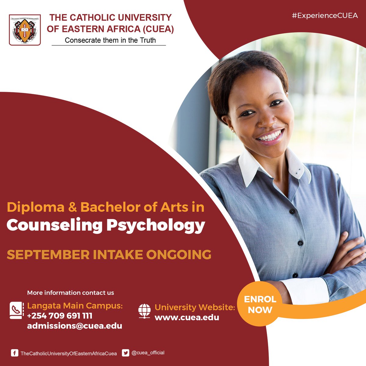 cuea_official's tweet photo. Would you like to help people handle situations in life? Be a helper? Come study Counselling Psychology with us. Apply for our September intake. Email admissions@cuea.edu +254709691111 #education #UniofChoice #ExperienceCUEA #Studyincuea https://t.co/ApcR68tKlT
