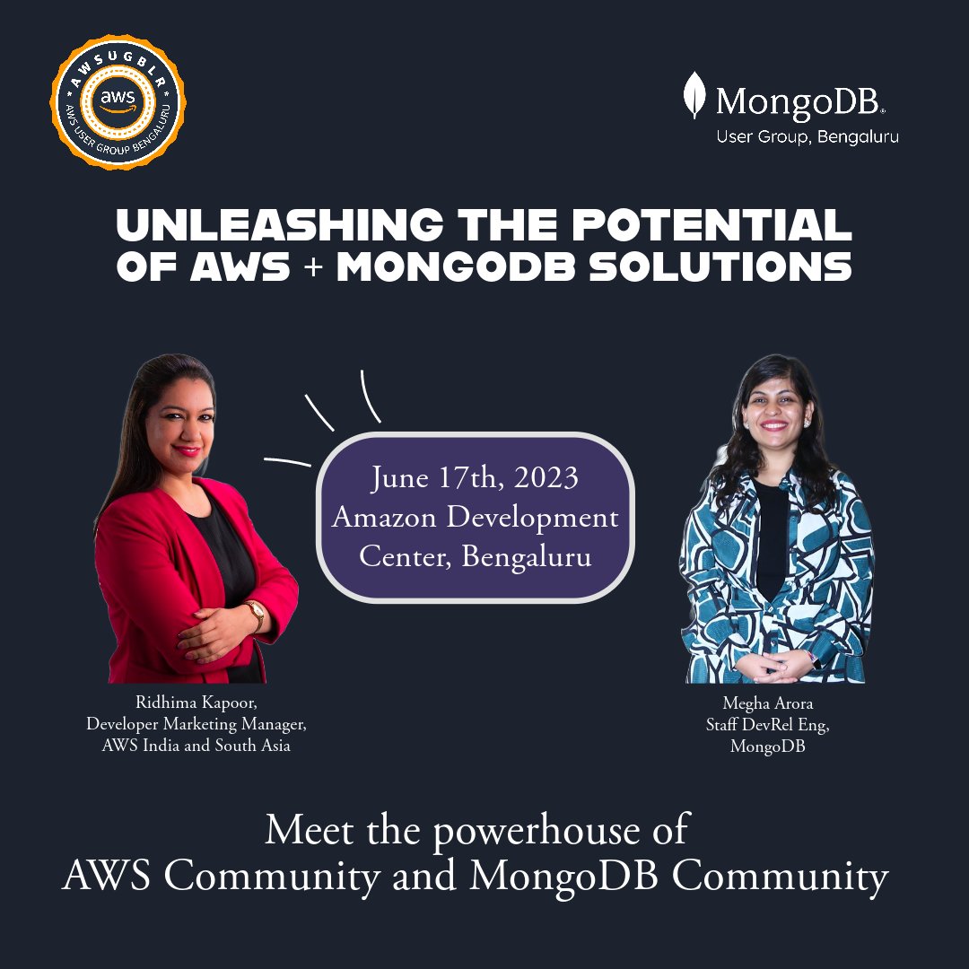 awsugblr (@awsugblr) on Twitter photo Learning about <a href="/awscloud/">Amazon Web Services</a> and <a href="/MongoDB/">MongoDB</a> along with meet <a href="/RKridhima/">Ridhima Kapoor</a> and @megha_arora2911 who power #AWSCommunity and #MongoDBCommunity at the collaborative meet up on June 17th, 2023.
<a href="/AWSUserGroups/">AWS User Groups</a> #AWSUserGroups Learning about <a href="/awscloud/">Amazon Web Services</a> and <a href="/MongoDB/">MongoDB</a> along with meet <a href="/RKridhima/">Ridhima Kapoor</a> and @megha_arora2911 who power #AWSCommunity and #MongoDBCommunity at the collaborative meet up on June 17th, 2023.
<a href="/AWSUserGroups/">AWS User Groups</a> #AWSUserGroups