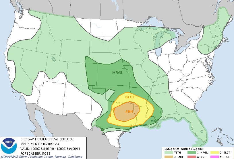 NWSSPC's tweet photo. 1:02am CDT #SPC Day1 Outlook Enhanced Risk: centered over East Texas and the Arklatex https://t.co/TgJgC6cQZw https://t.co/o13Ze6UTc3