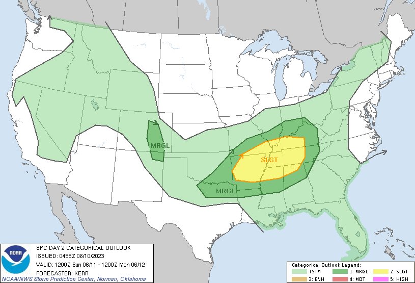 NWSSPC's tweet photo. 1:02am CDT #SPC Day2 Outlook Slight Risk: Sunday afternoon and evening parts of southern Missouri and Illinois western Kentucky western and middle Tennessee northern Mississippi and Alabama and much of Arkansas https://t.co/Y1WiOd8TQQ https://t.co/7PE2CxwjAm