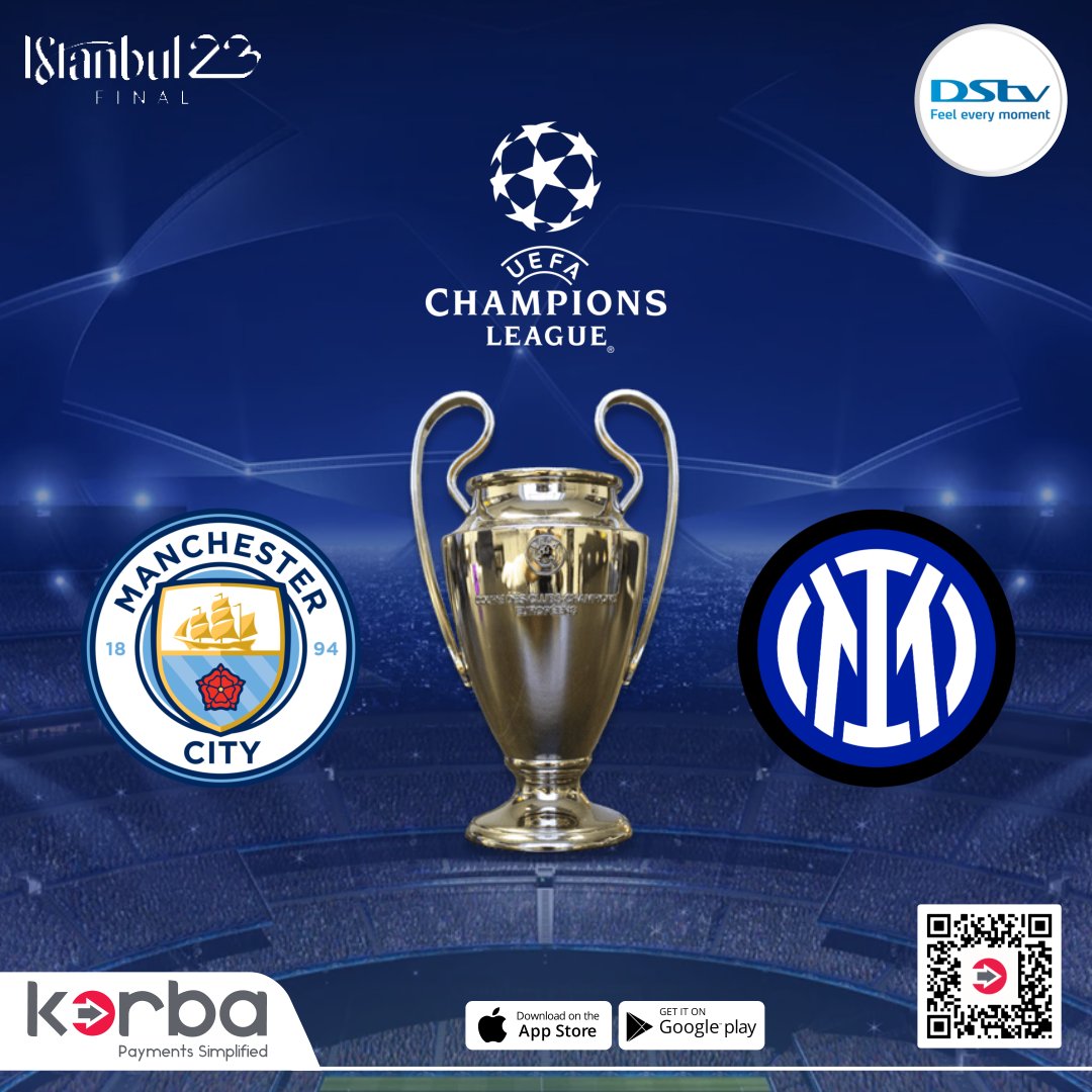 Korba365's tweet photo. Who wins tonight? Will it be the Citizens from England or the Nerazzurris from Italy?...Just dial *365# to pay your DSTV subscription on Korba. Don't miss the action!
#Korba #DSTV #UCLFinal #ManCity #InterMilan #SilverSports #CheezyPredict #WakeNBake Manchester City Inter Milan https://t.co/oyT3rhQkSr
