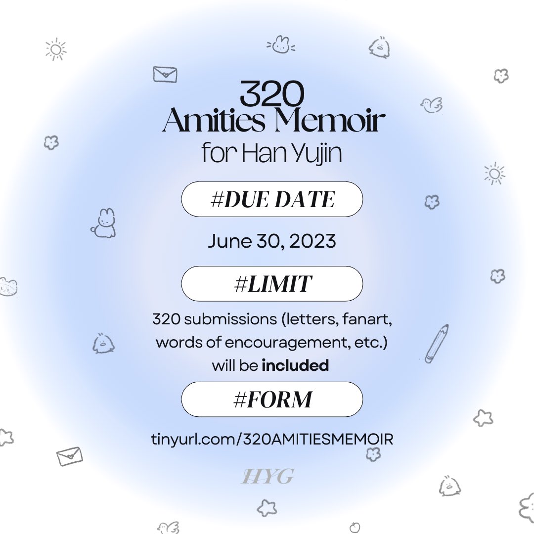 🍑 We are pleased to announce, 320 AMITIES MEMOIR; a special project on celebration for HAN YUJIN debut 💌

Submit your heartfelt messages of support and love for Yujin here:
tinyurl.com/320AMITIESMEMO…

Project hashtags:
#HANYUJIN #AMITIESOFHYJ #한유진

Check below for details! 🐰