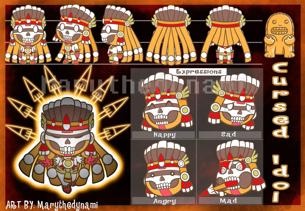 Character Concept: The cursed idol as a representation of an ancient deity
Possibly it is inspired by certain aesthetics of different pre-Columbian cultures in art. A deity that is neither alive nor dead. It is related to the underworld but at the same time in the heavenly world.