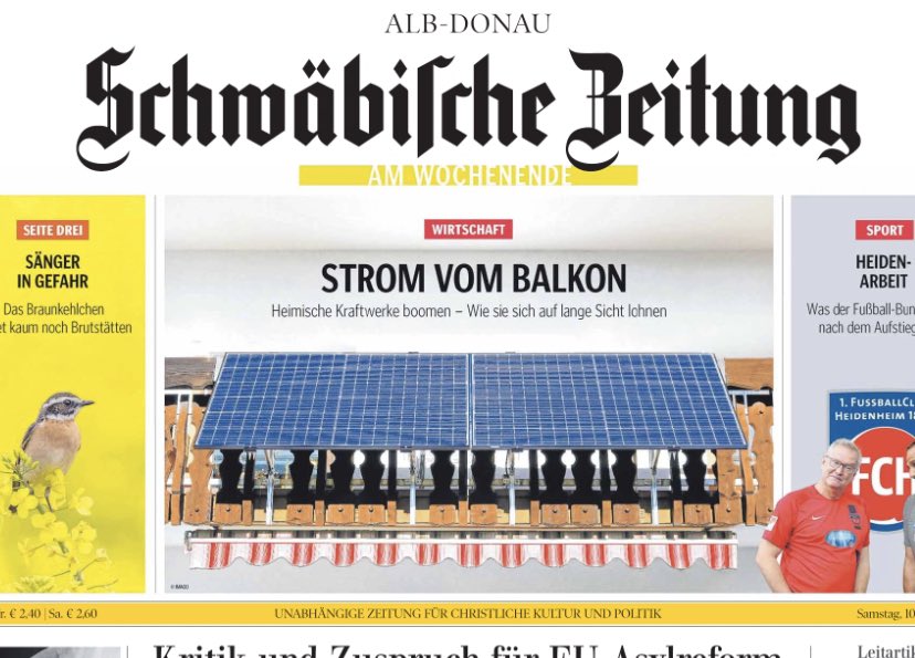 Titelseite der @Schwaebische von heute. #balkonsolar #photovoltaik #JederQuadratmeterPVzählt 
@balkonsolar @AkkuDoktor @M_Hundhausen