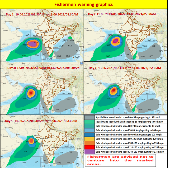 VSCS BIPARJOY lay centered at 0830IST of today, near latitude 16.7N and longitude 67.4E, about 700 km WNW of Goa, 620 km WSW of Mumbai, 600 km SSW of Porbandar and 910 km S of Karachi. To intensify further and move NNE-wards gradually during next 24 hours.