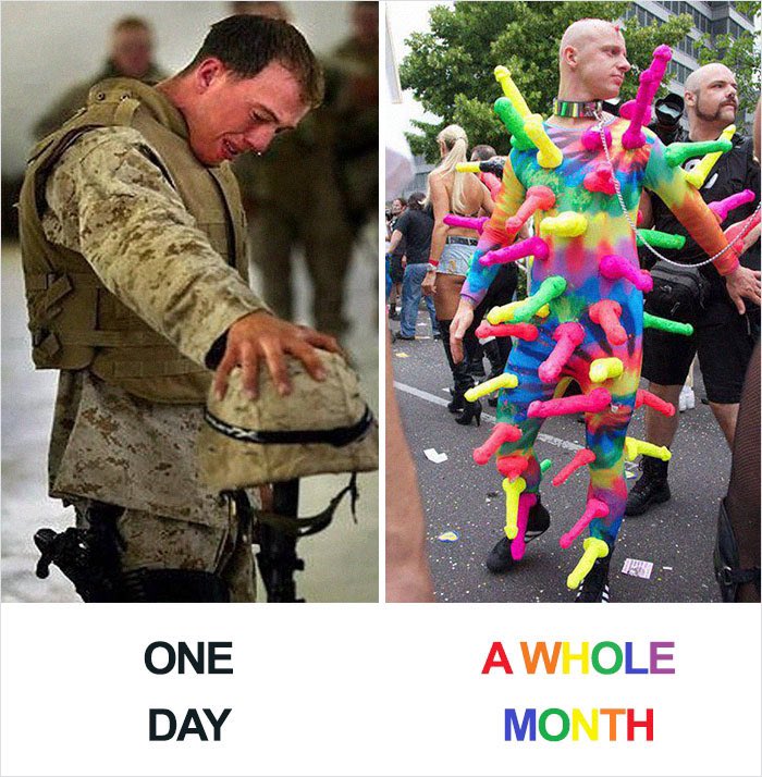 Look, I’m sorry. 

🇺🇸Soldiers get a day. 

🏳️‍🌈2SLGBTQIA+ gets a whole month.

If anyone thinks that discrepancy is ok, then you are apart of the problem. I’m gay, and it makes me cringe when I hear people bring it up…Why? Because it’s embarrassing to say the least.