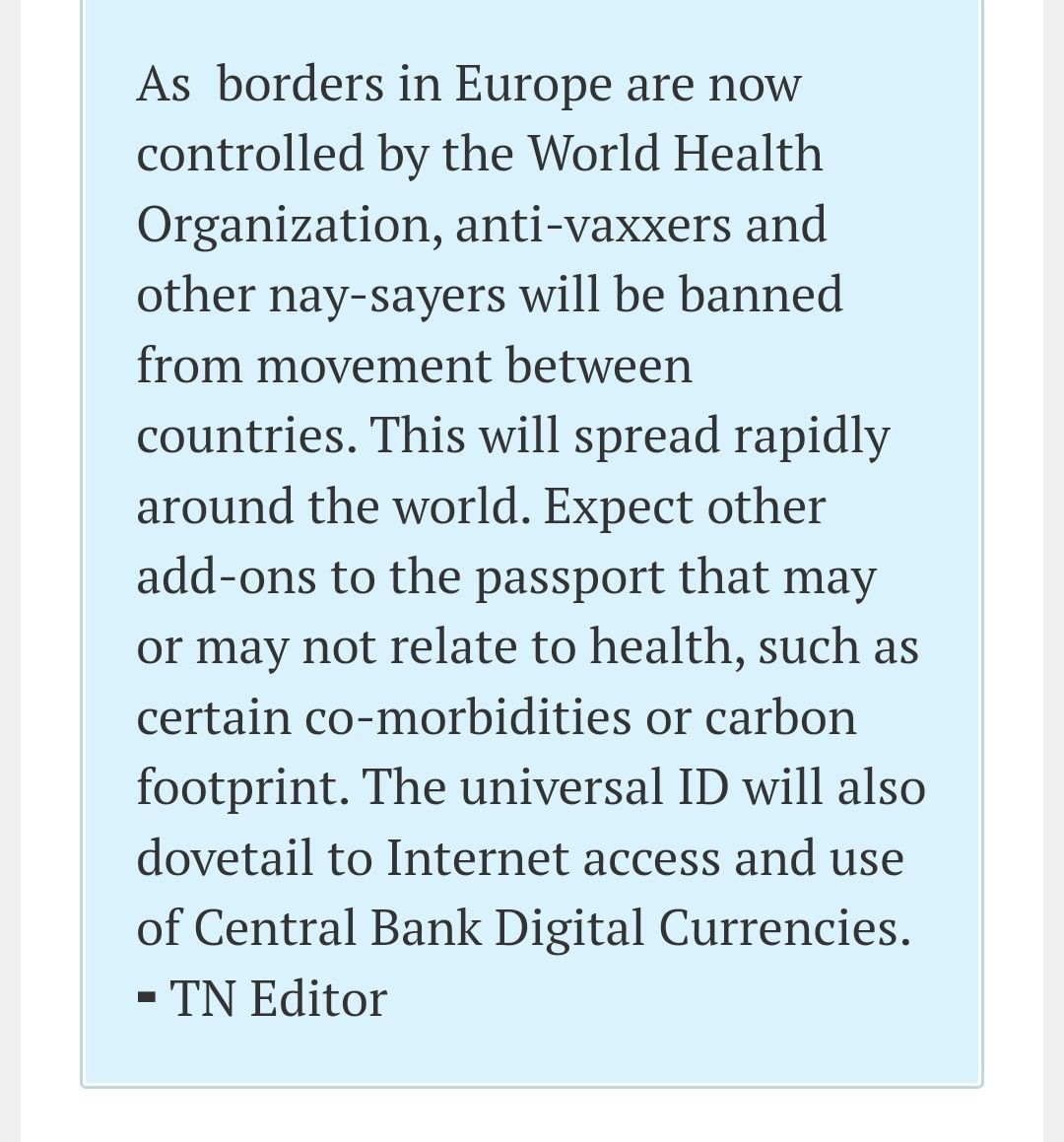 sophiadahl1's tweet photo. As the WorldHealthOrganization pandemic treaties bear fruit,the mark of the beast has arrived in Europe.Everything the PublicHealth"experts" have done since start of COVID-19 plandemic has led to this moment of triumph for the global technocracy‼️☝️🙄🙏👇
https://t.co/aTKa5ldUcQ https://t.co/B5TJoGzYWn