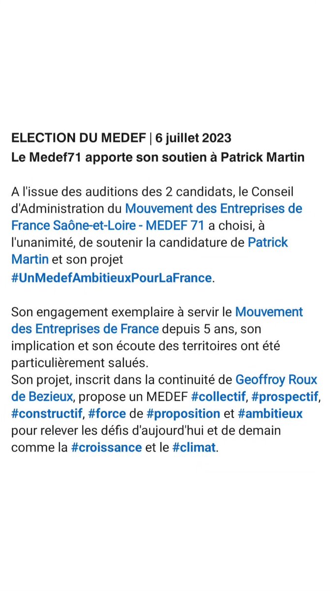 🗳 #Medef Plus de 95% des medef territoriaux qui se sont exprimés ont fait le choix de soutenir la candidature de @PMartin2023 à la Présidence @medef. Dans les dernières 48h : le Finistère, la Mayenne, la Saône-et-Loire, l'Oise, l'Aisne et la Marne. Le rassemblement continue !