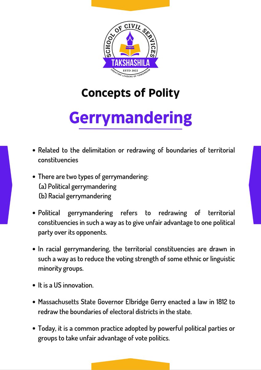 Concept of the day : Gerrymandering

#polity #politicalscience #constitution #governance #state #democracy #voting  #constituencies #delimitation #UPSC #IAS #GS #generalstudies #concepts #terms #competitiveexams #ssc #GK #electoral #elections