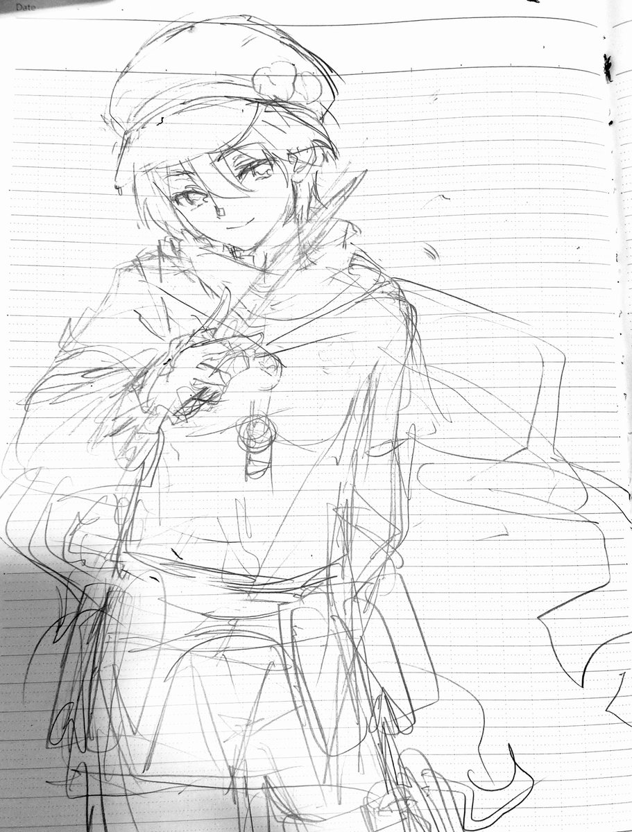 @sq_tale この絵はスマホで指塗りしたんですが下書きはこちらのシャーペン画です
下決まらなくて大幅カットしている 