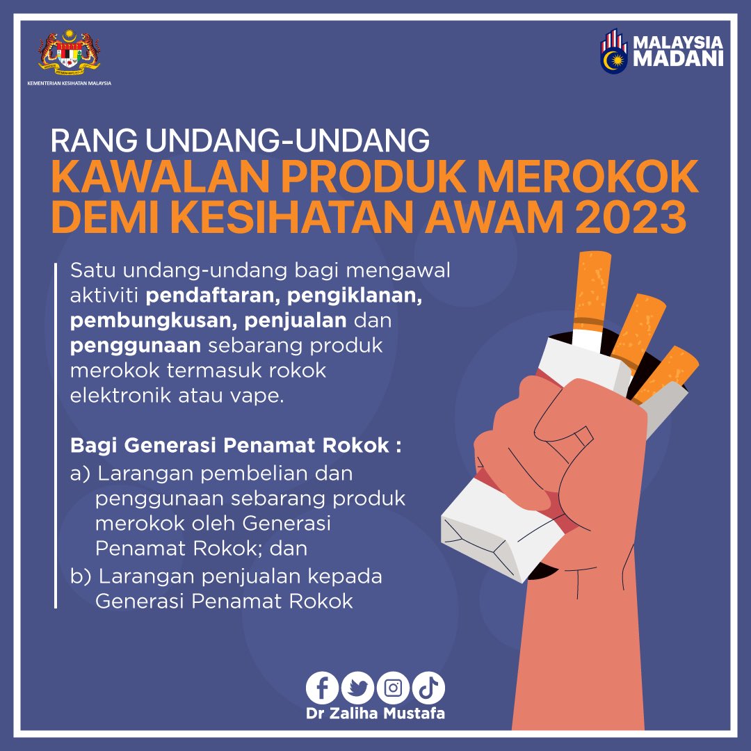 DrZalihaMustafa's tweet photo. Rang Undang-Undang (RUU) Kawalan Produk Merokok Demi Kesihatan Awam 2023 akan dibawa ke Dewan Rakyat untuk Bacaan Pertama pada 12 Jun nanti.

RUU ini telah diolah semula dengan beberapa pembaharuan setelah mengambil kira isu-isu berbangkit semasa pembentangan sebelum ini. https://t.co/zY9EaoEtjg