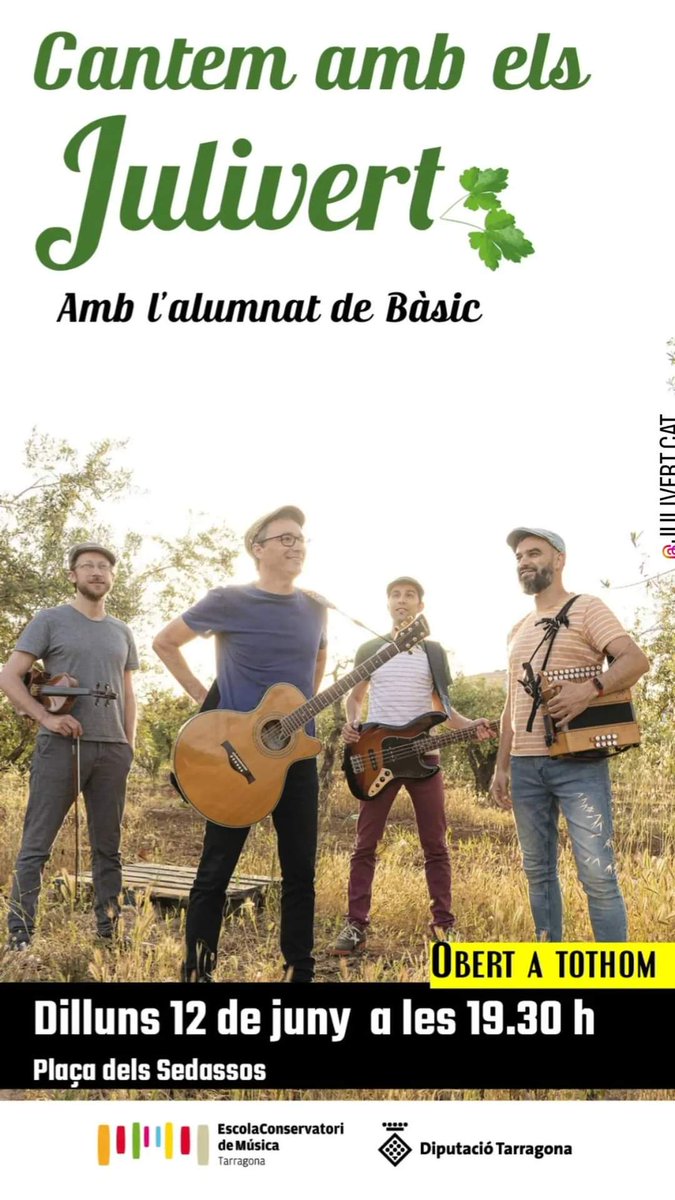 Julivertcat's tweet photo. Dilluns, Julivert a Tarragona! Serà un concert molt especial! #gratuït #obertatothom Per la tarda treballarem amb els alumnes més petits del Conservatori de Tarragona i després farem un concert. Farem algunes peces conjuntament. Ens fa molta il·lusió! https://t.co/HZgCPyhEGA