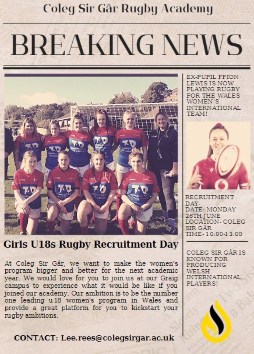 LeeRees1991's tweet photo. Monday June 26th @RYGBICSG girls u18 rugby recruitment day. Please email lee.rees@colegsirgar.ac.uk for further information. @MMADACADEMY @WRU_Community @StradeySospans @WRU_Scarlets @CoedcaePE @BryngwynSchool https://t.co/b5151Wd6UV