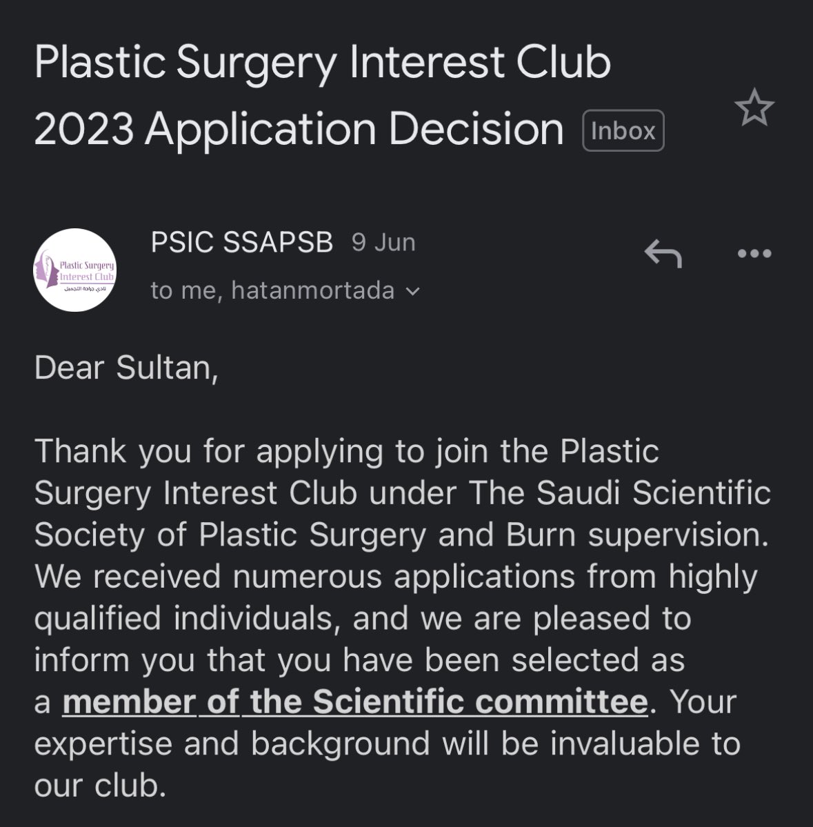 Thankful for the chance to join the plastic surgery interest club, I'm looking forward to working with everyone to achieve remarkable goals. 

<a href="/PSIC_SSAPSB/">Saudi Plastic Surgery Interest Club</a>